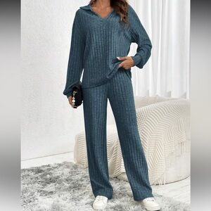 SHEIN Ribbed Knit Wide Leg Pants - Teal